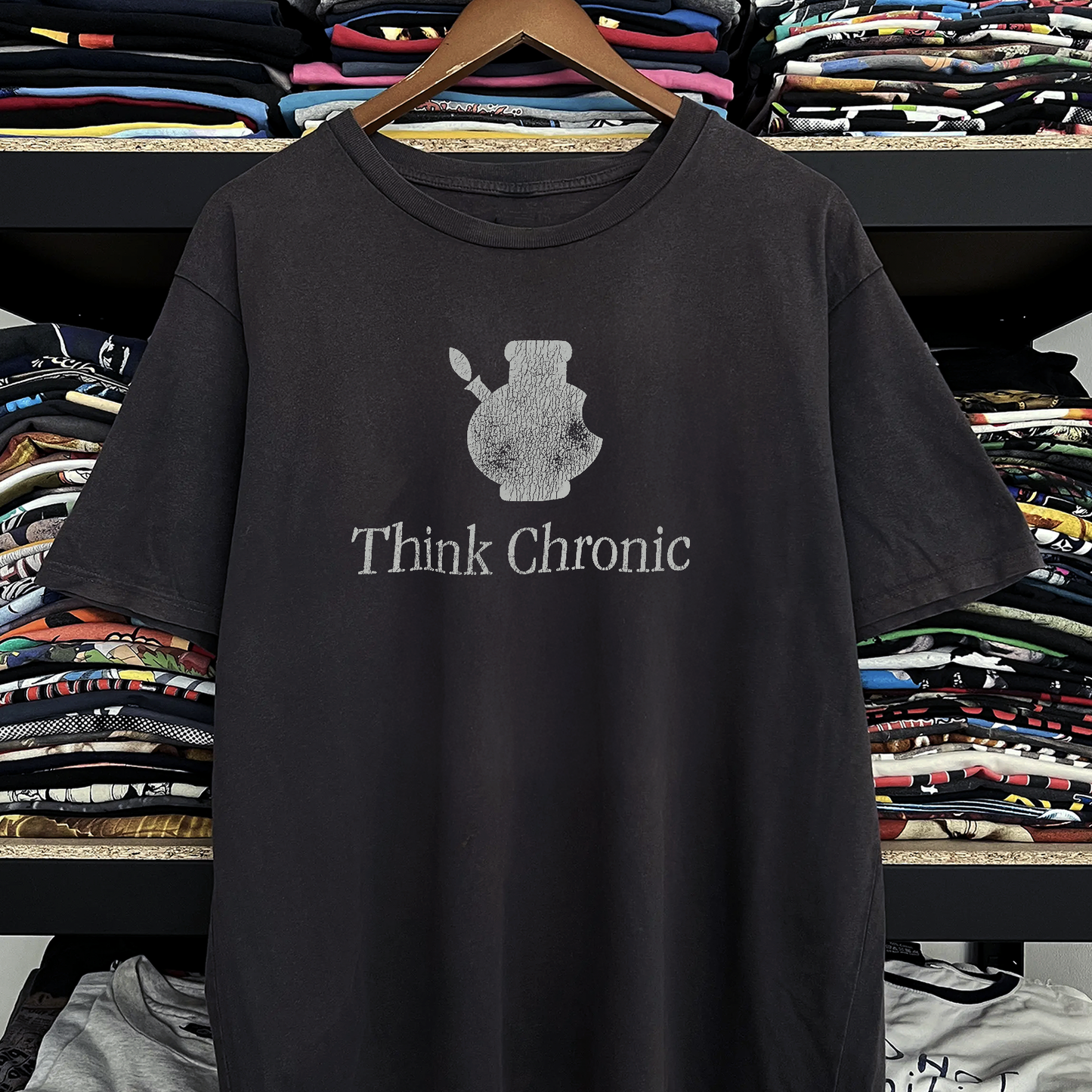 Rare Think Chronic Apple Parody Washed Black Tee
