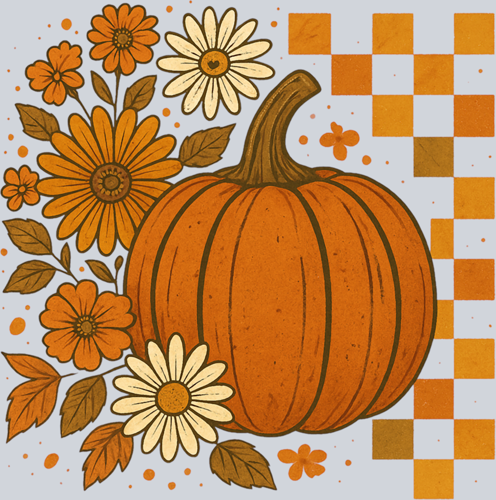 Autumn Pumpkin Flowers and Checkerboard 7 - STK07344 (DTF Transfers)