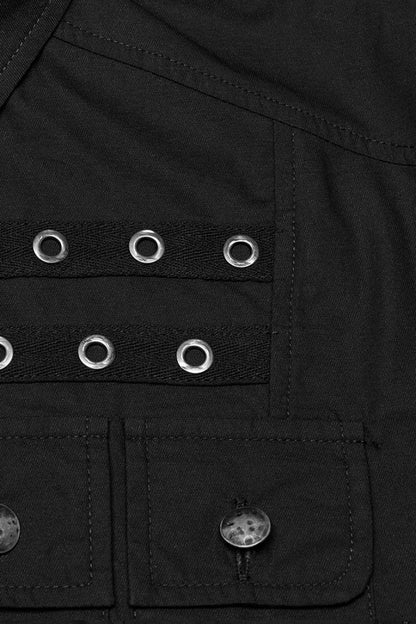 Black Lapel Collar Short Sleeves Men's Pocket Eyelet Punk Blouse
