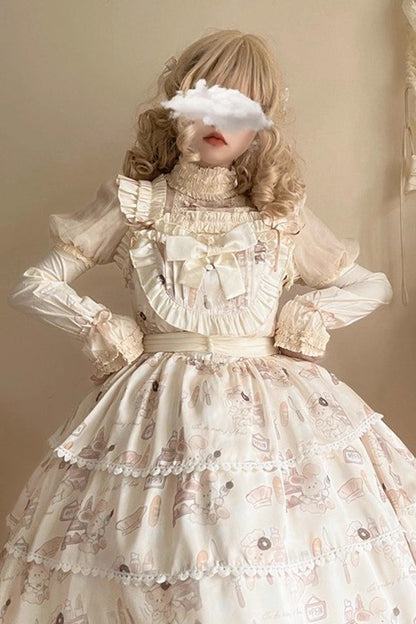 Beige Sleeveless Triple-Layered Print Ruffle Bowknot Sweet Plus Size Lolita Jsk Dress