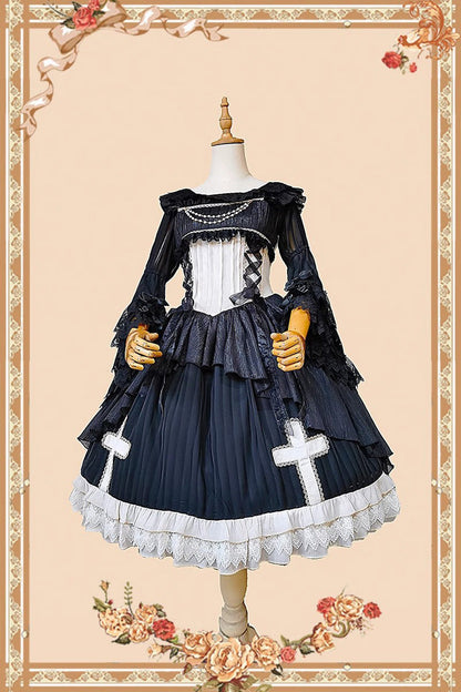 Black Eternal Life Song Print Cross Embroidery Sleeveless Ruffle Gothic Lolita Dress