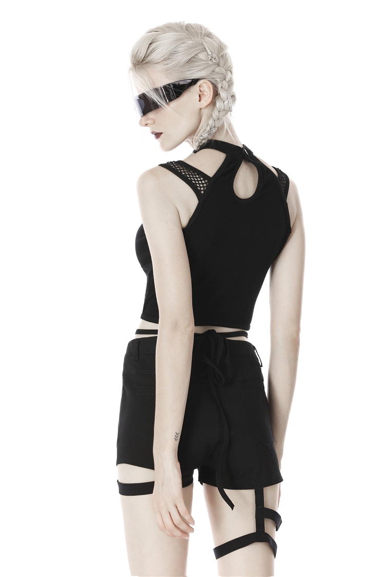 Black Halterneck Spliced Mesh Strappy Buckle Eyelet Harness Women's Punk Midriff-Baring Tank Top