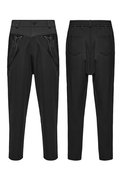 Black Leather Trim Stitching Rivet Men's Punk Pants
