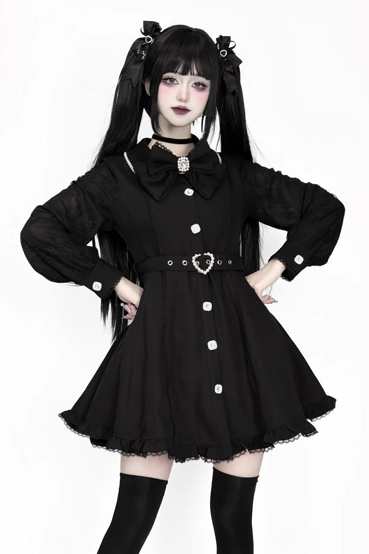Black Long Sleeves Removable Cape Ruffle Lace Gothic Jirai Kei Elegant Dress