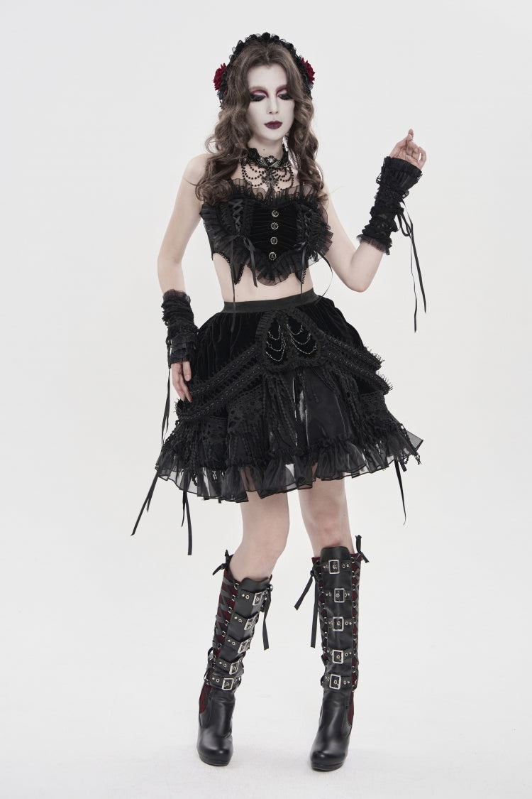 Black Off Shoulder Bow Lace Lace-Up Women's Gothic Ruffled Corset