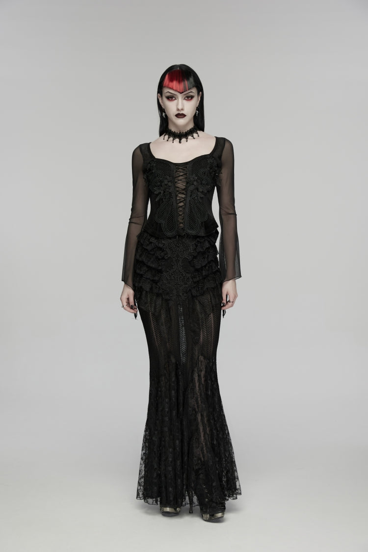 Black Embroidered Spliced Ruffled Lace Slim Mesh Women's Gothic  Mermaid Skirt