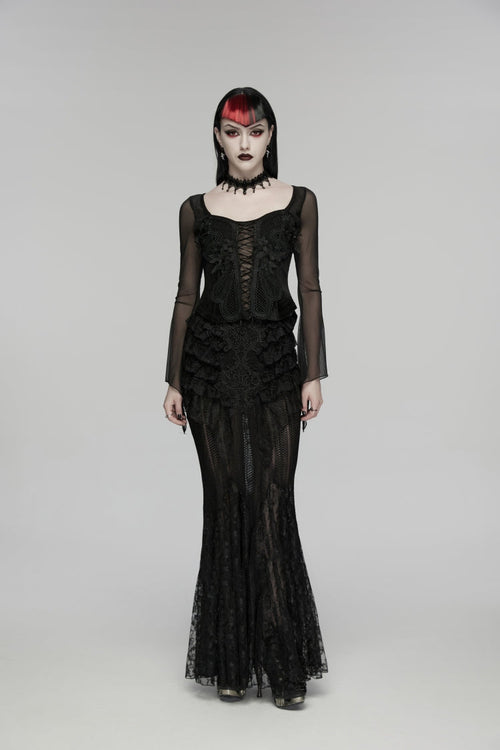 Black Embroidered Spliced Ruffled Lace Slim Mesh Women's Gothic  Mermaid Skirt