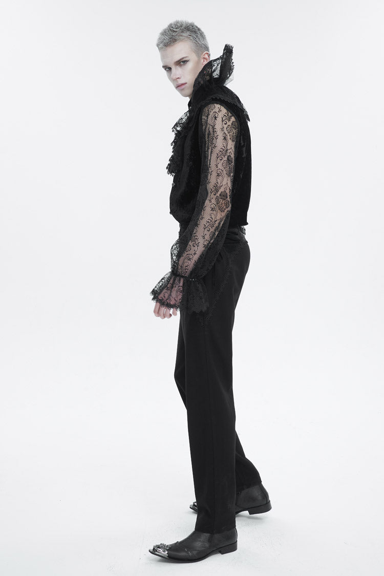 Black Lotus Leaf Stand Collar Semitransparent Lace Long Sleeved Men's Gothic Shirt