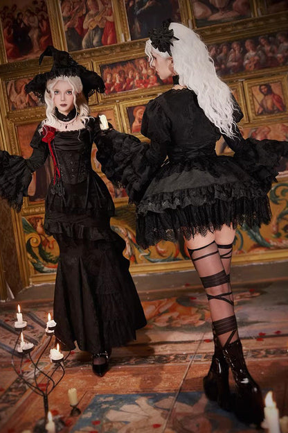 Black  [Letters & Poems · Twilight] Multi-Layered Jacquard Ruffled Witch Gothic Lolita Skirt 2 Versions