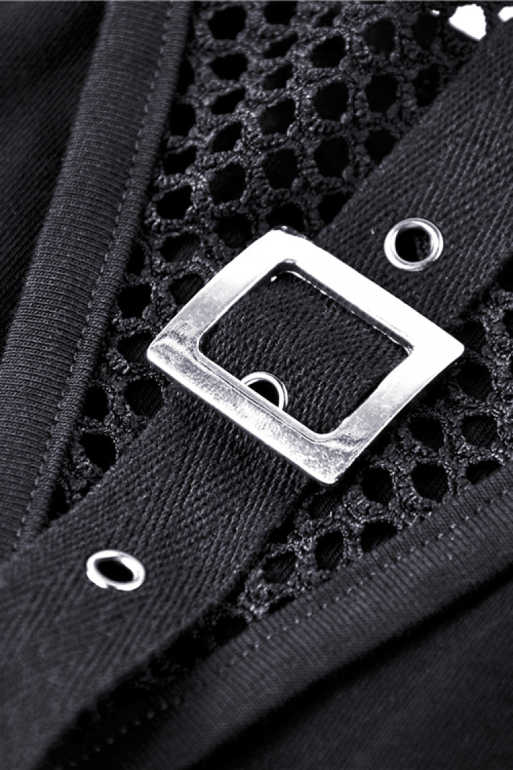 Black Halterneck Spliced Mesh Strappy Buckle Eyelet Harness Women's Punk Midriff-Baring Tank Top