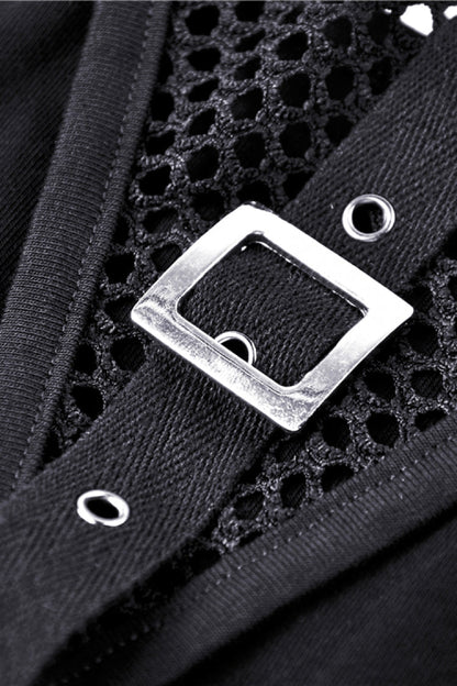 Black Halterneck Spliced Mesh Strappy Buckle Eyelet Harness Women's Punk Midriff-Baring Tank Top