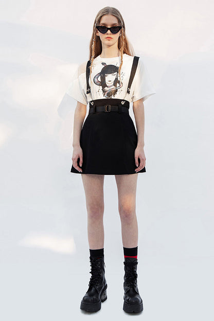 Black Metal Ring Shoulder-Strap Buckle Belt Split Hem A-Shaped Women's Punk Skirt