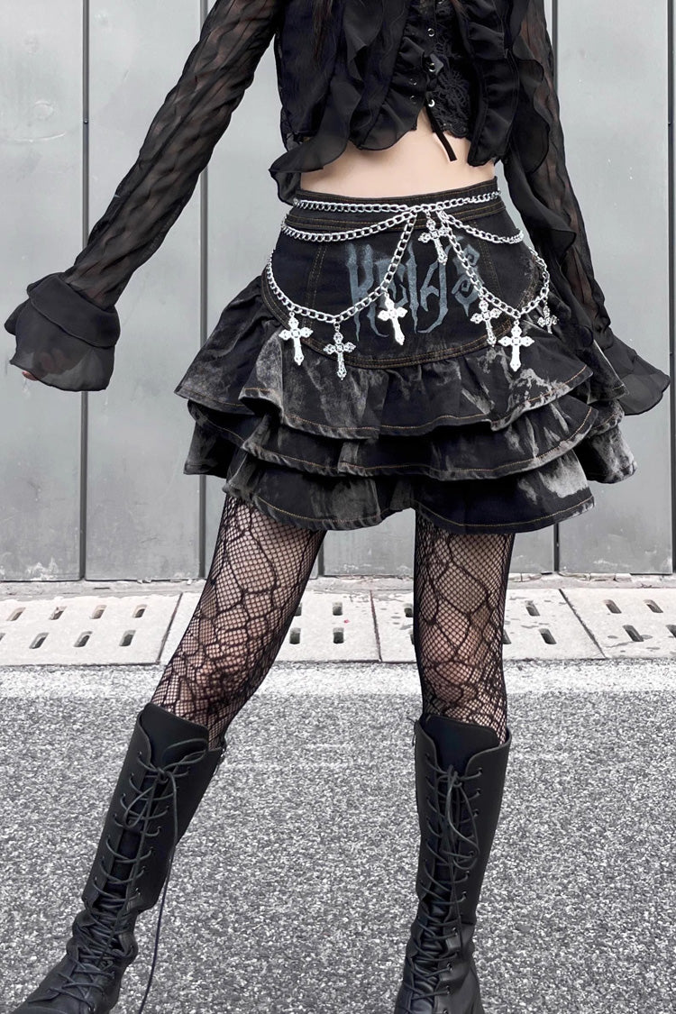 Black High Waisted Print Chain Rock Gothic Skirt