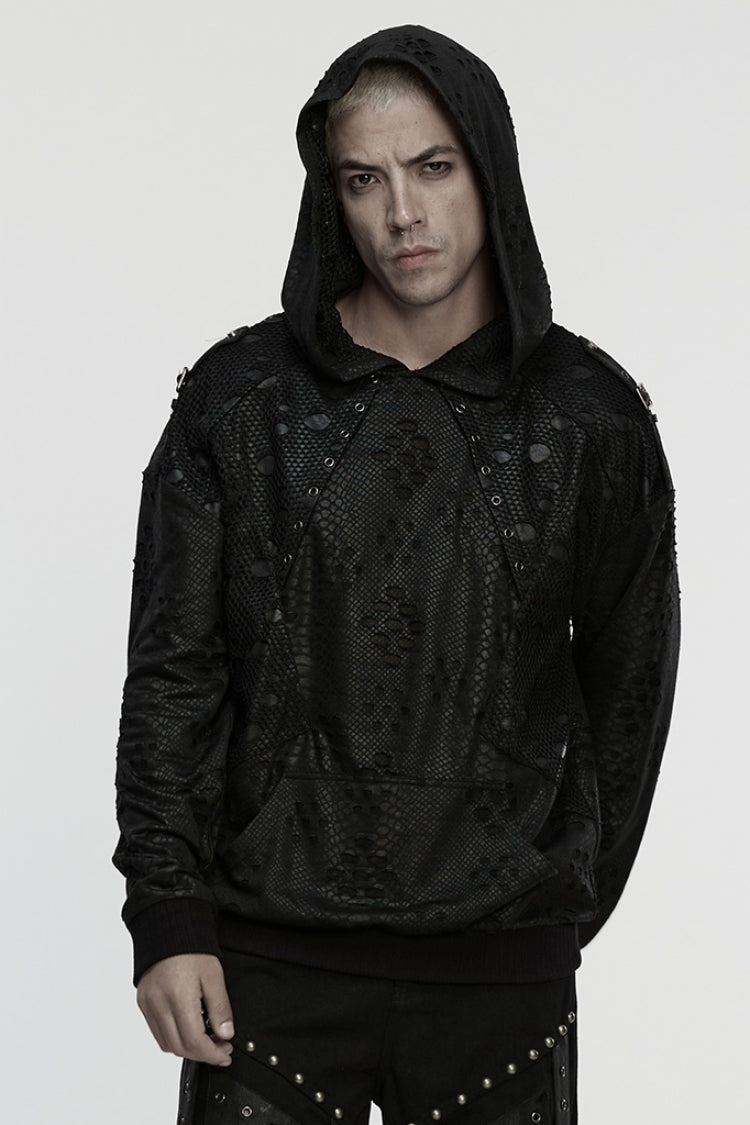 Black Long Sleeves Hooded Ripped Eyelets Men's Punk Coat