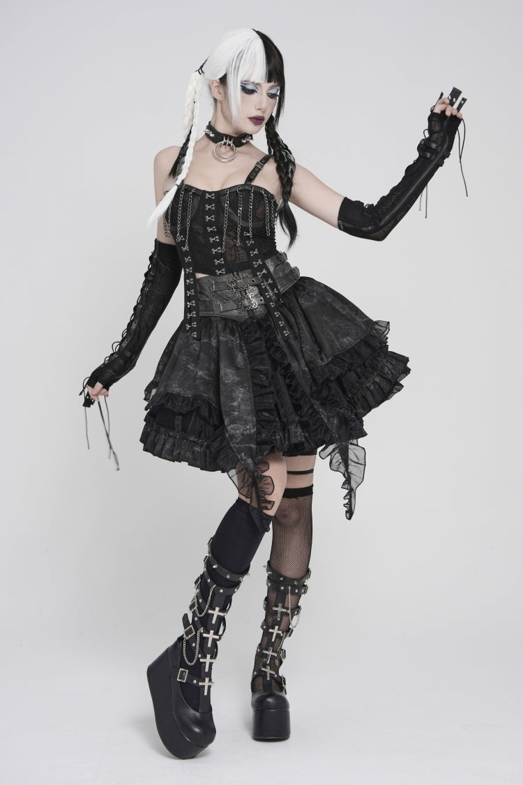 Black Multi-Layered Printed Spliced Lace Lace-Up Buckled Pleated Eyelet Women's Gothic Skirt