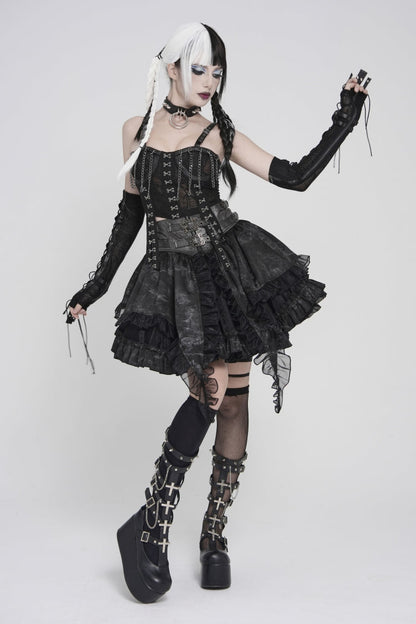 Black Multi-Layered Printed Spliced Lace Lace-Up Buckled Pleated Eyelet Women's Gothic Skirt
