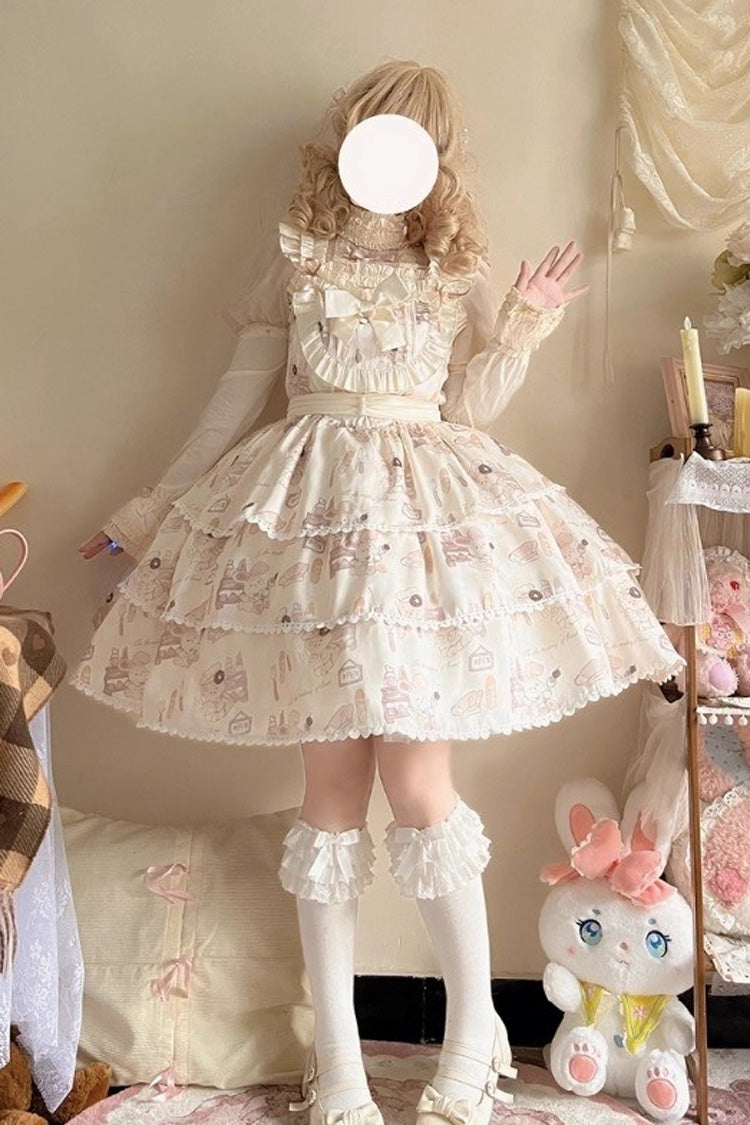 Beige Sleeveless Triple-Layered Print Ruffle Bowknot Sweet Plus Size Lolita Jsk Dress