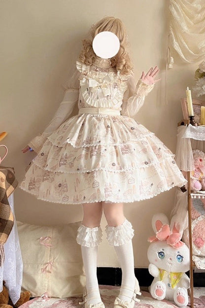 Beige Sleeveless Triple-Layered Print Ruffle Bowknot Sweet Plus Size Lolita Jsk Dress