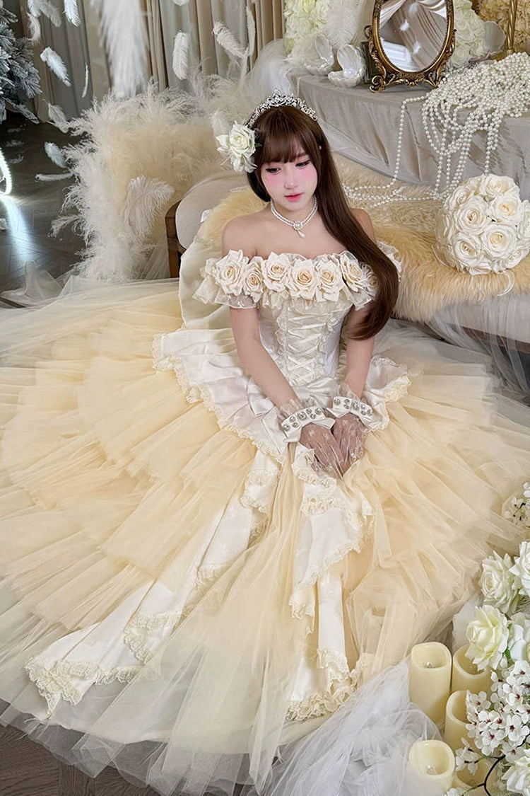 Apricot [Heart’s Beloved Rose] Sleeveless Ruffled Hanayome Bow Lace Lace-Up Sweet Lolita Jsk long Dress