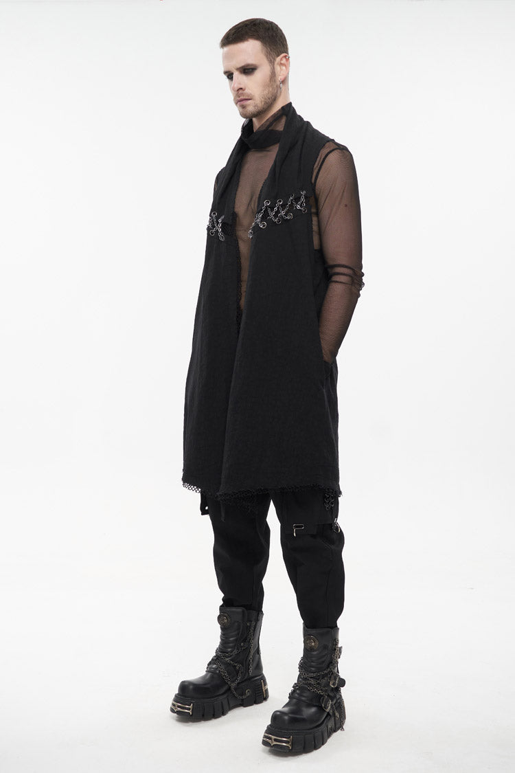 Black Aluminum Chain Stitching Design Distressed Cotton Linen All Seasons Men's Punk Vest