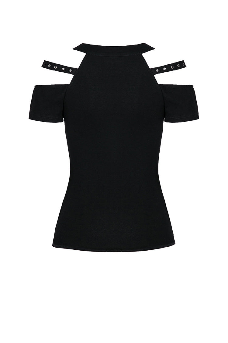 Black Off Shoulder Straps Short Sleeves Cut-Out Women's T-Shirt