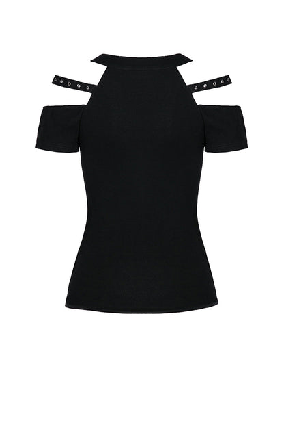 Black Off Shoulder Straps Short Sleeves Cut-Out Women's T-Shirt