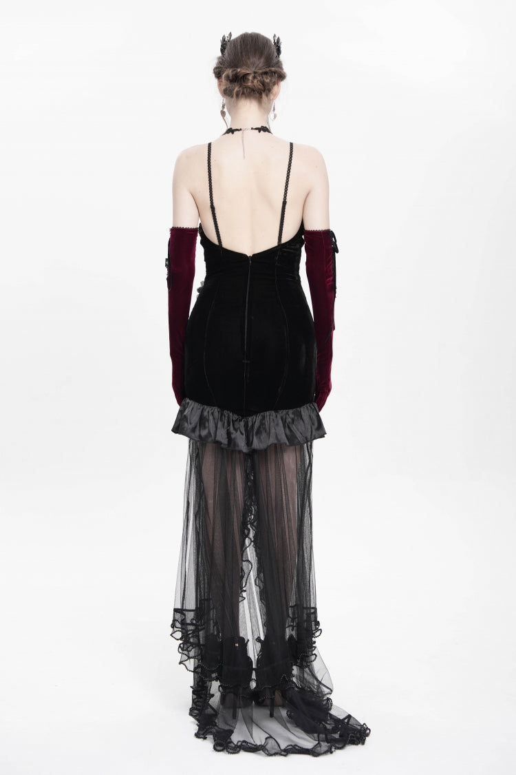 Black Floral Embroidery Mesh Hem Women's Gothic Long Slip Dress