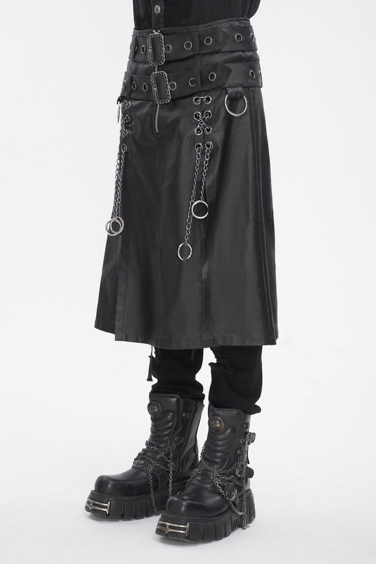 Black Men's Double Belt Side Slit Gothic Skirt