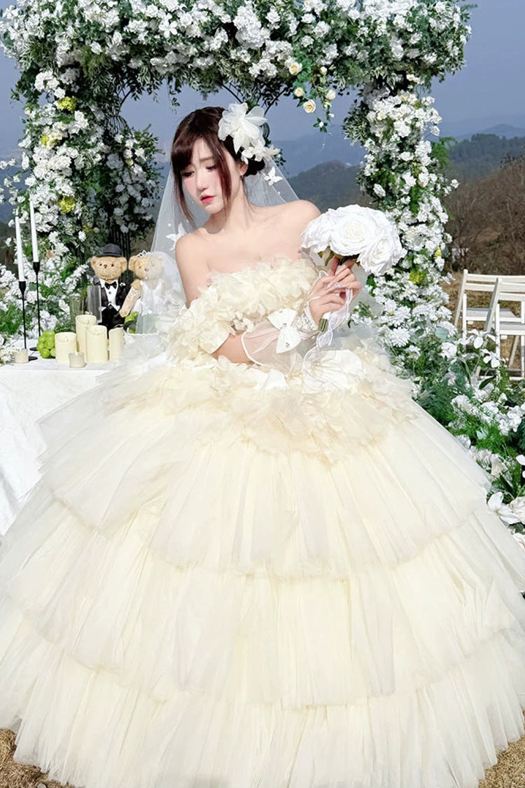 Apricot [Dream Confession] Sleeveless Triple-Layered Ruffled Hanayome Bow Lace Lace-Up Sweet Lolita Jsk Dress Long Version