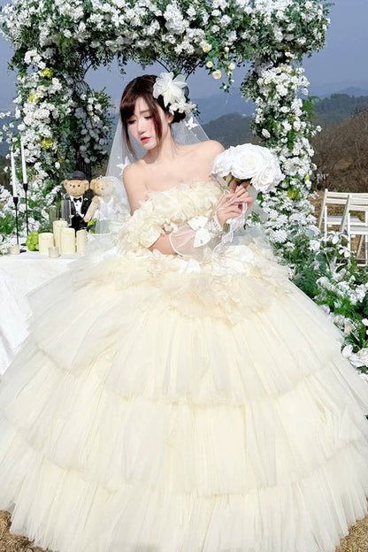 Apricot [Dream Confession] Sleeveless Triple-Layered Ruffled Hanayome Bow Lace Lace-Up Sweet Lolita Jsk Dress Long Version