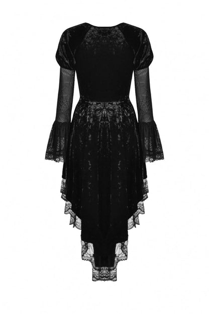 Black Long Puff Sleeves High Low Irregular Multi-Layered Lace Women's Gothic Velvet Dress