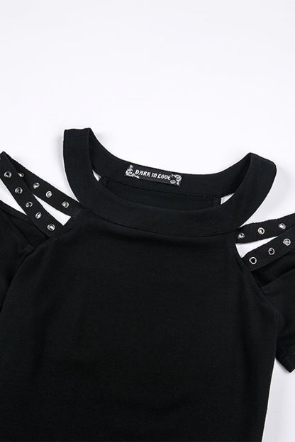 Black Off Shoulder Straps Short Sleeves Cut-Out Women's T-Shirt