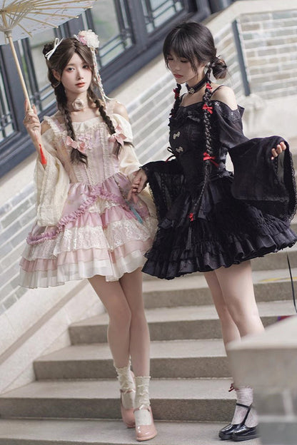 Black Bamboo Leaves Print Ruffle Lace Gothic Chinese Style Lolita Skirt