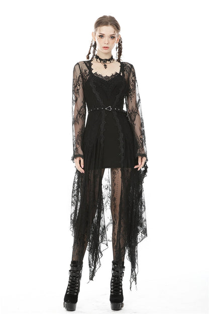 Black Long Trumpet Sleeves Sheer Floral Lace Women's Gothic Maxi Cloak with Belts