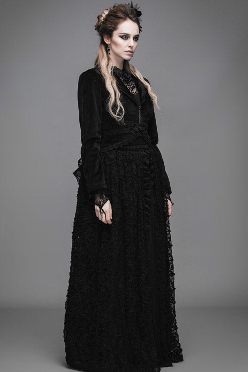Black Lace Waist Woollen Womens Velvet Short Gothic Jacket With Tail