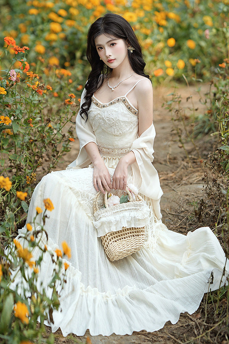 Apricot Bohemian Style Sleeveless Ruffled Embroidered Sweet Lolita Skirt Set