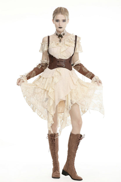 Beige Irregular Multi-Layered Ruffled Lace Women's Steampunk Vintage Dress