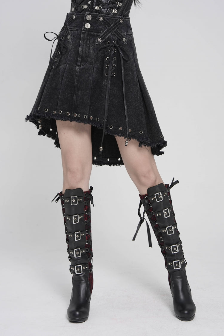 Black Lace-Up Pleated Eyelet Women's Punk Skirt