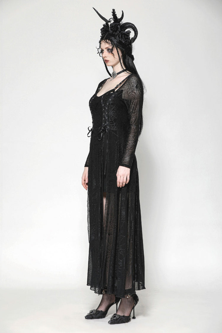 Black Long Sleeves Lace-Up Spiderweb Women's Gothic Elegant Witch Long Dress