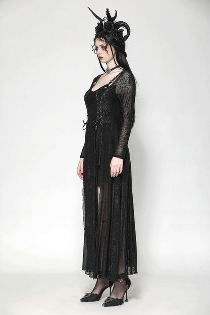 Black Long Sleeves Lace-Up Spiderweb Women's Gothic Elegant Witch Long Dress