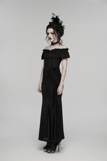 Black Embroidered Lace-Up Slim Women's Gothic Elegant Long Skirt