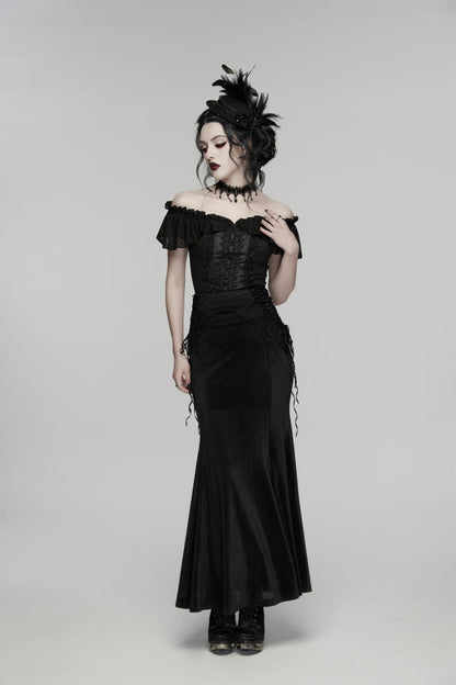 Black Embroidered Lace-Up Slim Women's Gothic Elegant Long Skirt