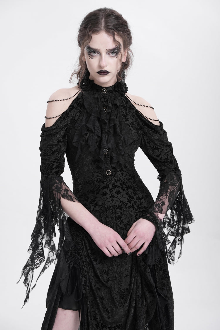 Black Off Shoulder Drawstring Jacquard Embroidery Women's Gothic Party Dress