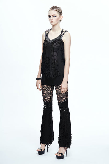 Black Halter Lace Up Shoulder Nailed Leather Loops Womens Punk T-shirt