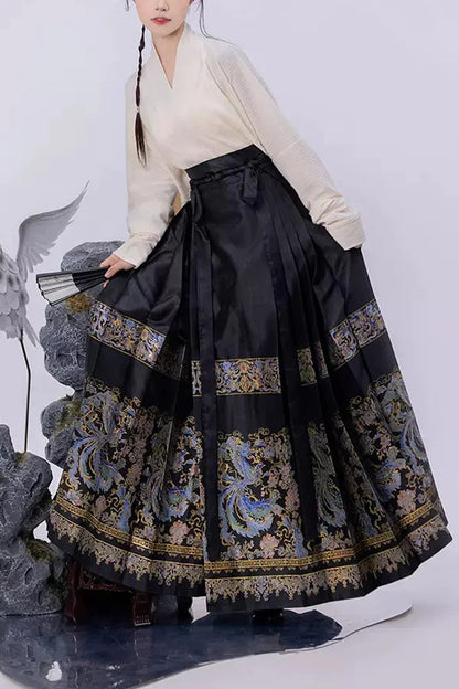 Black Chinese Style Print High Waisted Womens Hanfu Skirt