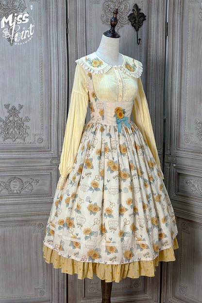 Apricot [Gardening Sunflower] Sleeveless Print Ruffle Bowknot Sweet Elegant Uplift Lolita Jsk Dress