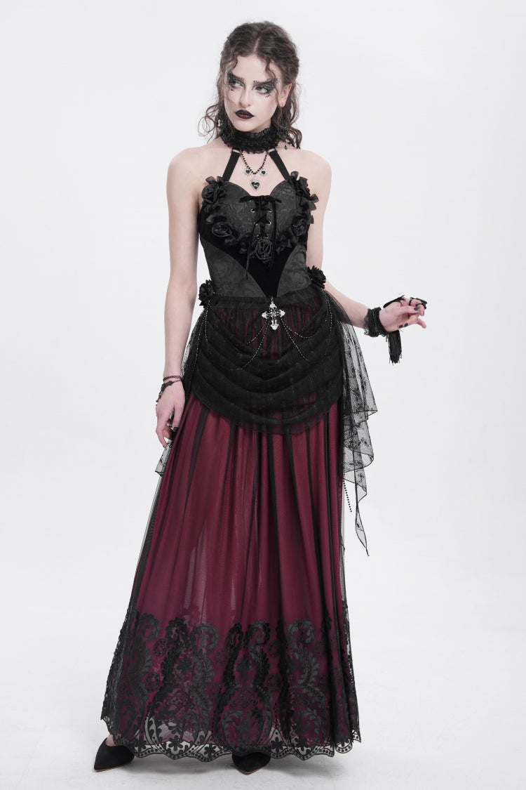 Black Halterneck Sleeveless Embroidery Stitching Rose Heart Lace Women's Gothic Blouse