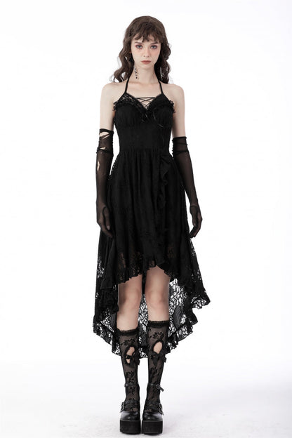 Black Off Shoulder Halterneck Ruffled Lace-Up Swallow Tail Floral Lace Women's Gothic Dress