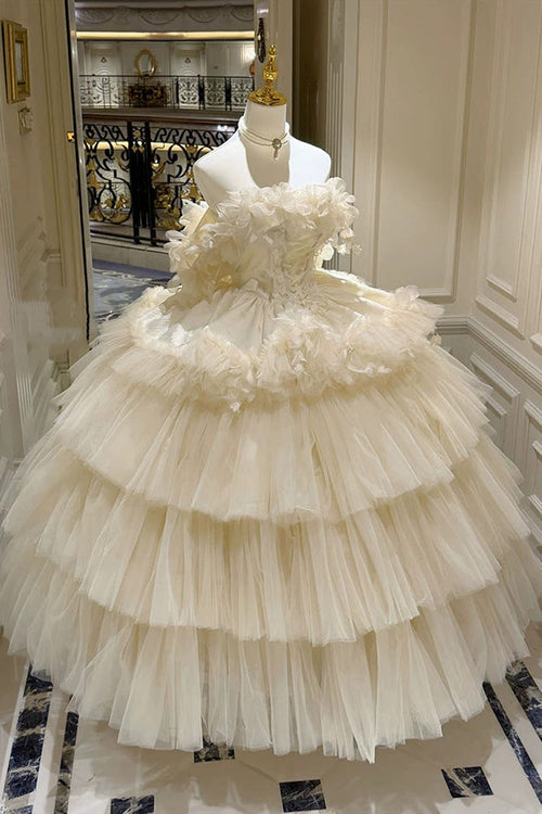 Apricot [Dream Confession] Sleeveless Triple-Layered Ruffled Hanayome Bow Lace Lace-Up Sweet Lolita Jsk Dress Long Version