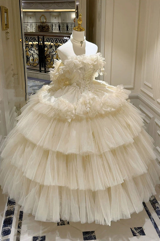 Apricot [Dream Confession] Sleeveless Triple-Layered Ruffled Hanayome Bow Lace Lace-Up Sweet Lolita Jsk Dress Long Version
